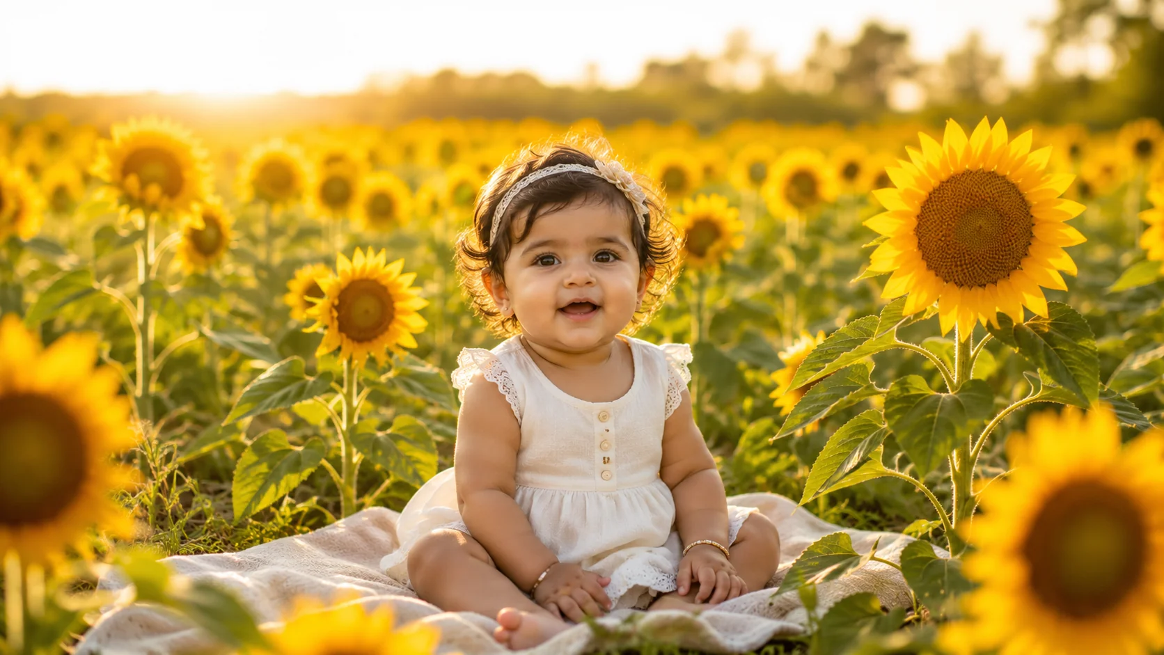 Baby in sunflower field AI image prompt for baby photography — golden outdoor portrait