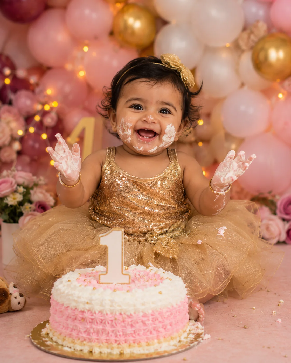 First birthday cake smash AI image prompt for baby photography — 4K milestone portrait