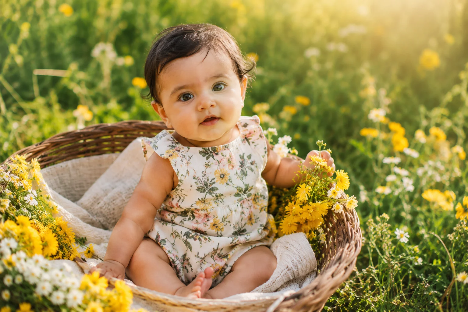 Outdoor garden baby session AI image prompt for baby photography — natural light portrait