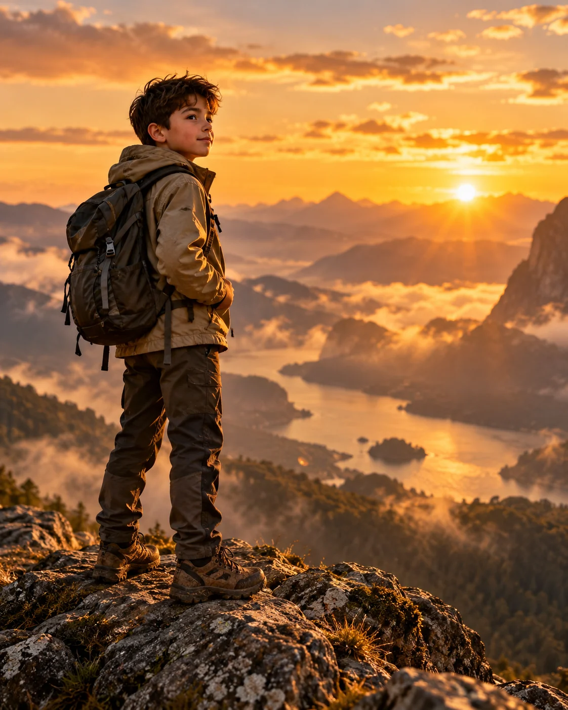 Adventure mountain explorer AI image prompt for boys — cinematic golden hour portrait on mountain peak