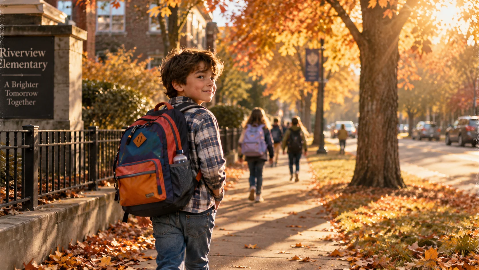 Back to school morning candid AI image prompt for boys — authentic walk with backpack in autumn light