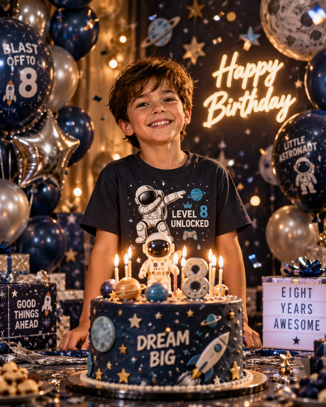 Birthday celebration AI image prompt for boys — joyful balloon and cake cinematic portrait