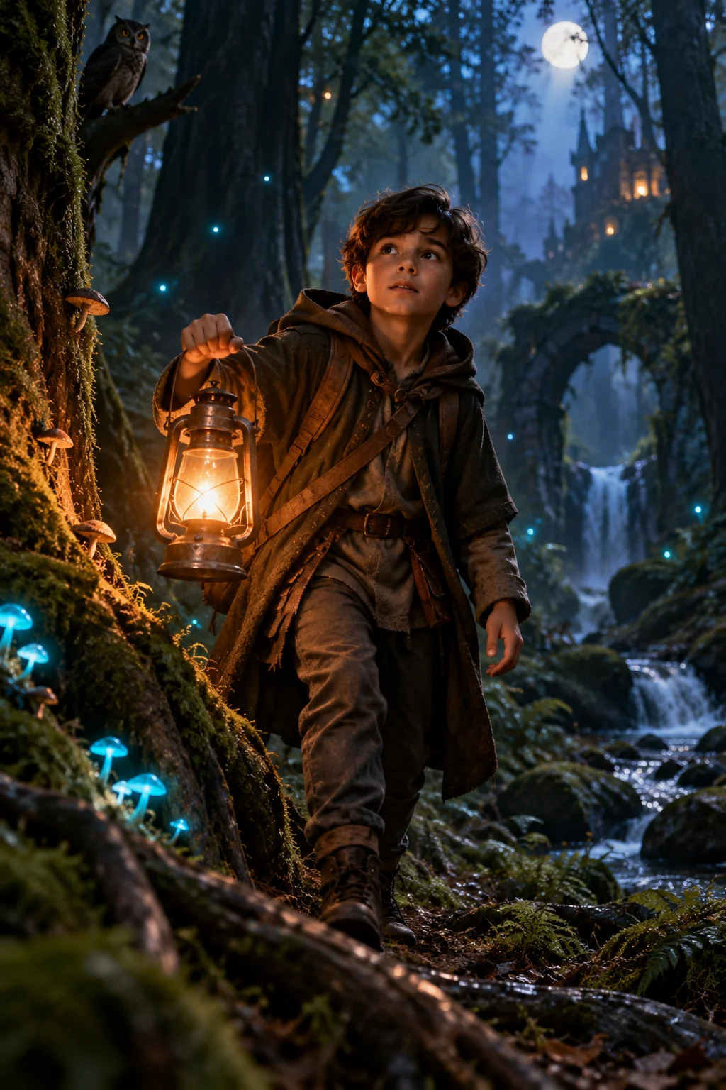 Fantasy forest lantern AI image prompt for boys — magical glowing woodland scene at twilight