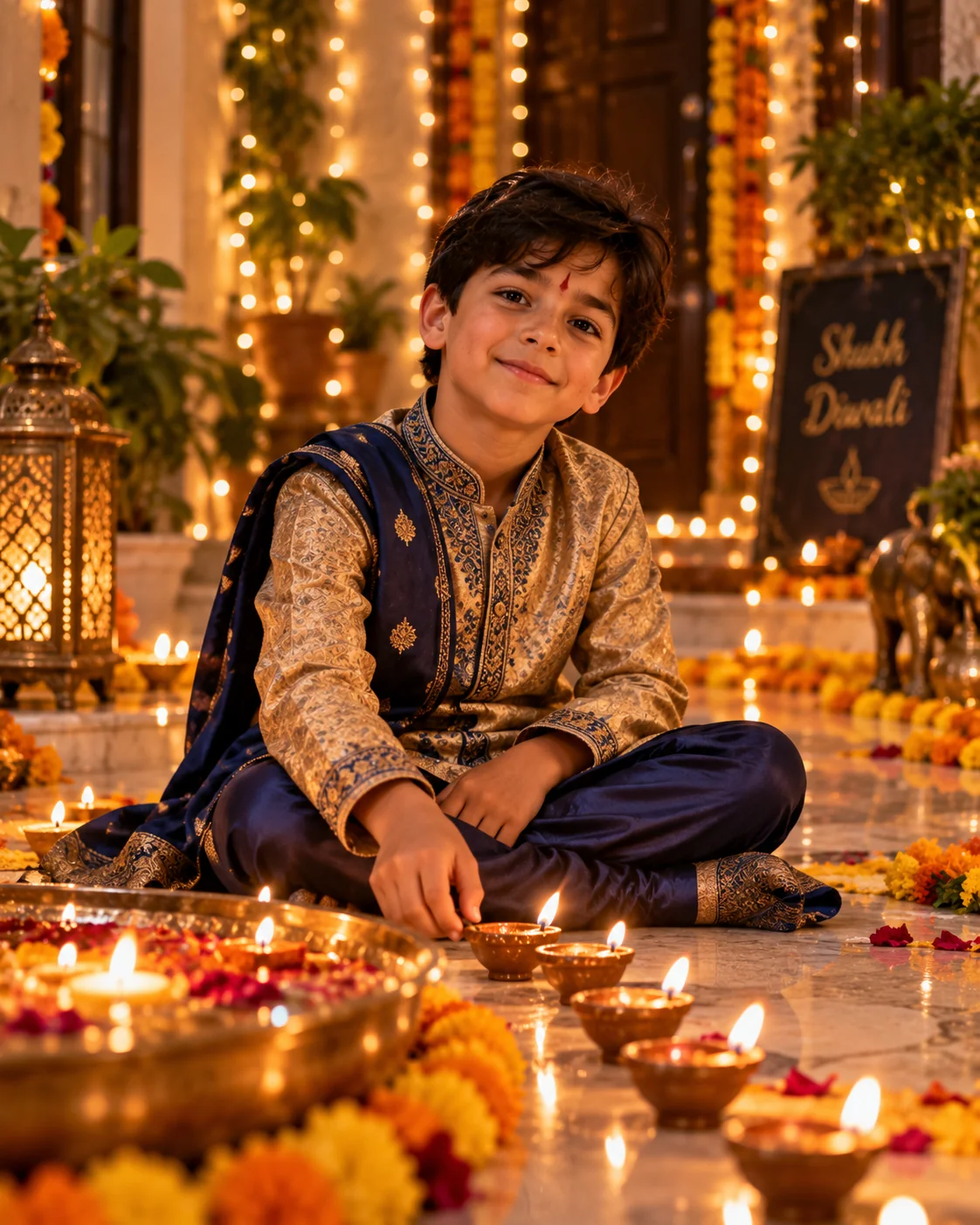 Festive Diwali portrait AI image prompt for boys — traditional kurta with diyas and warm golden bokeh