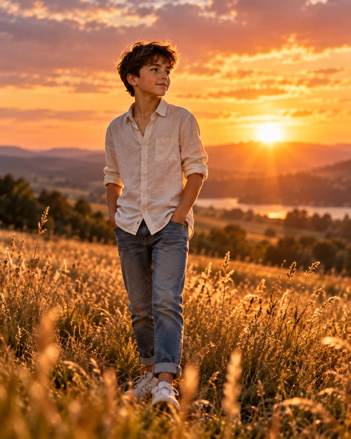 Golden hour outdoor portrait AI image prompt for boys — backlit warm amber meadow scene