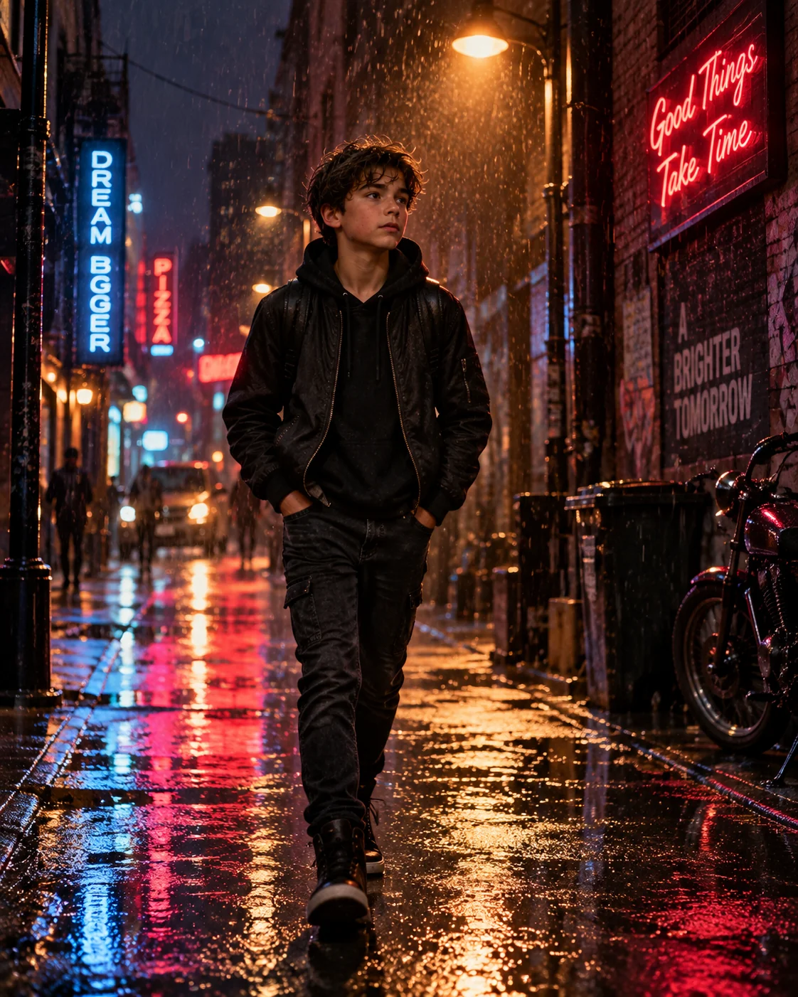 Rainy day city street AI image prompt for boys — neon reflections moody urban portrait