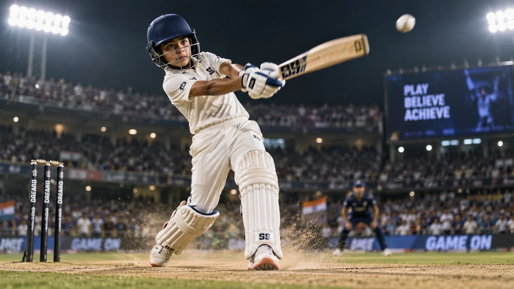Sports action cricket portrait AI image prompt for boys — floodlit stadium dynamic batting pose