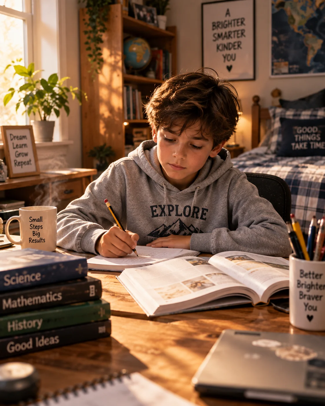 Study session bookworm AI image prompt for boys — sunlit wooden desk with books and focused expression