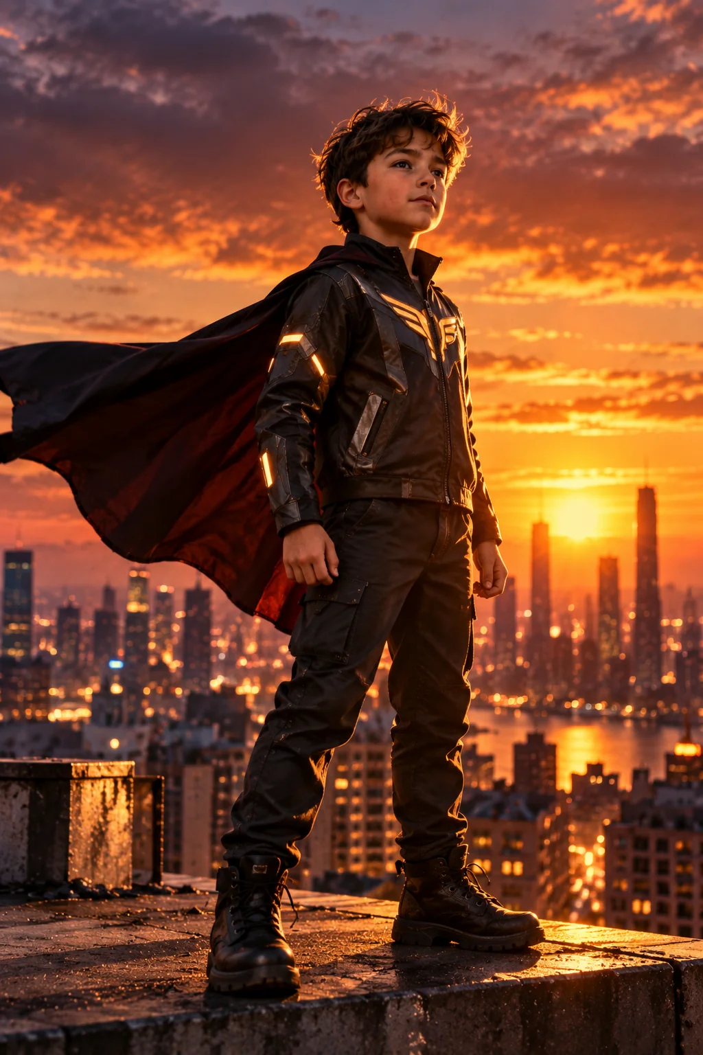 Superhero rooftop portrait AI image prompt for boys — cinematic twilight city skyline with glowing suit