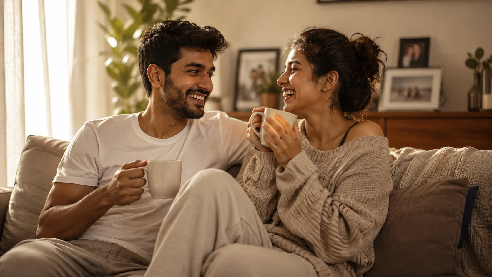 Cozy Sunday morning indoor AI image prompt for couples