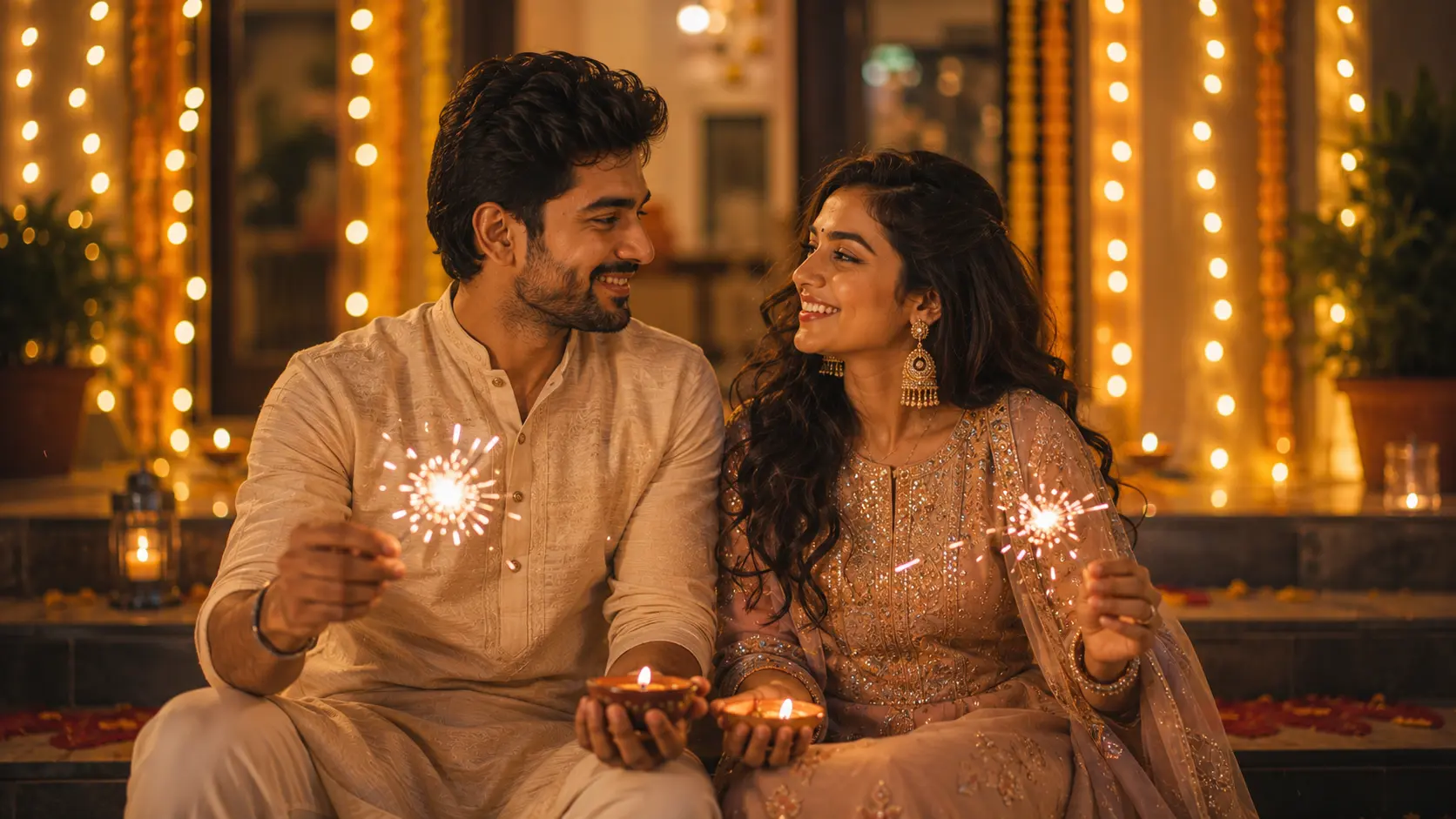 Festive Diwali couple AI image prompt for couples — glowing portrait