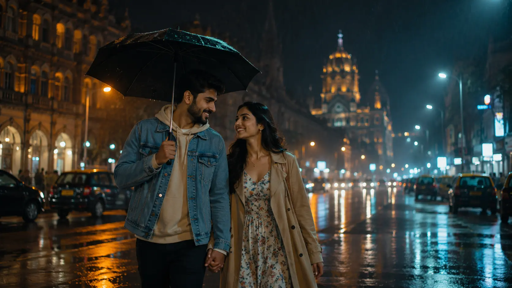 Rainy evening romantic walk cinematic AI image prompt for couples