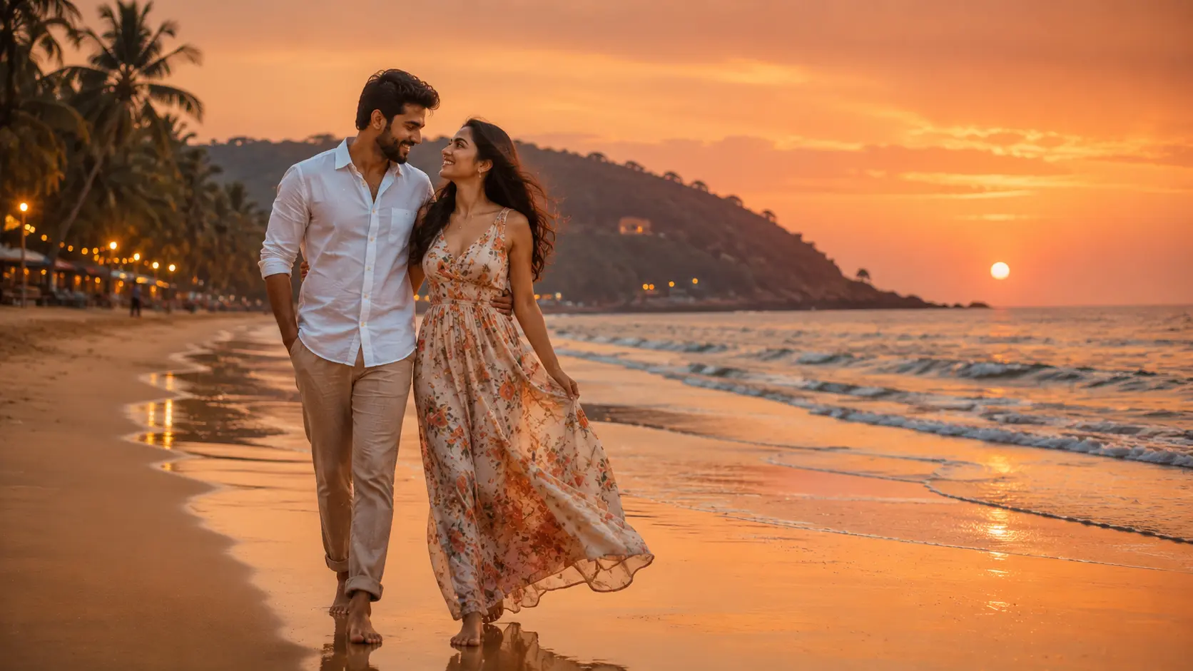 Sunset beach romance cinematic AI image prompt for couples