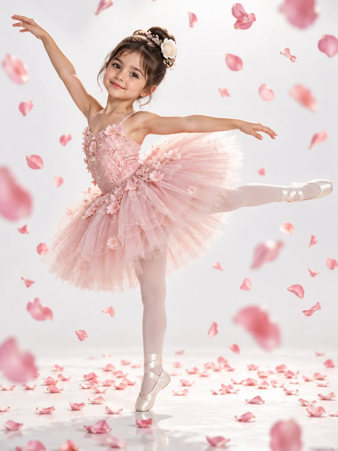 Ballet dancer studio portrait of a girl in blush pink tutu — AI image prompt