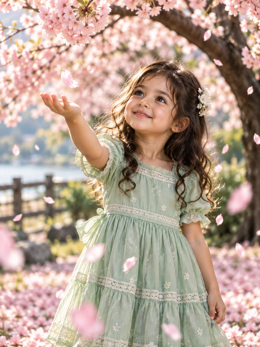 Cherry blossom spring portrait of a girl reaching for petals — AI image prompt for girls