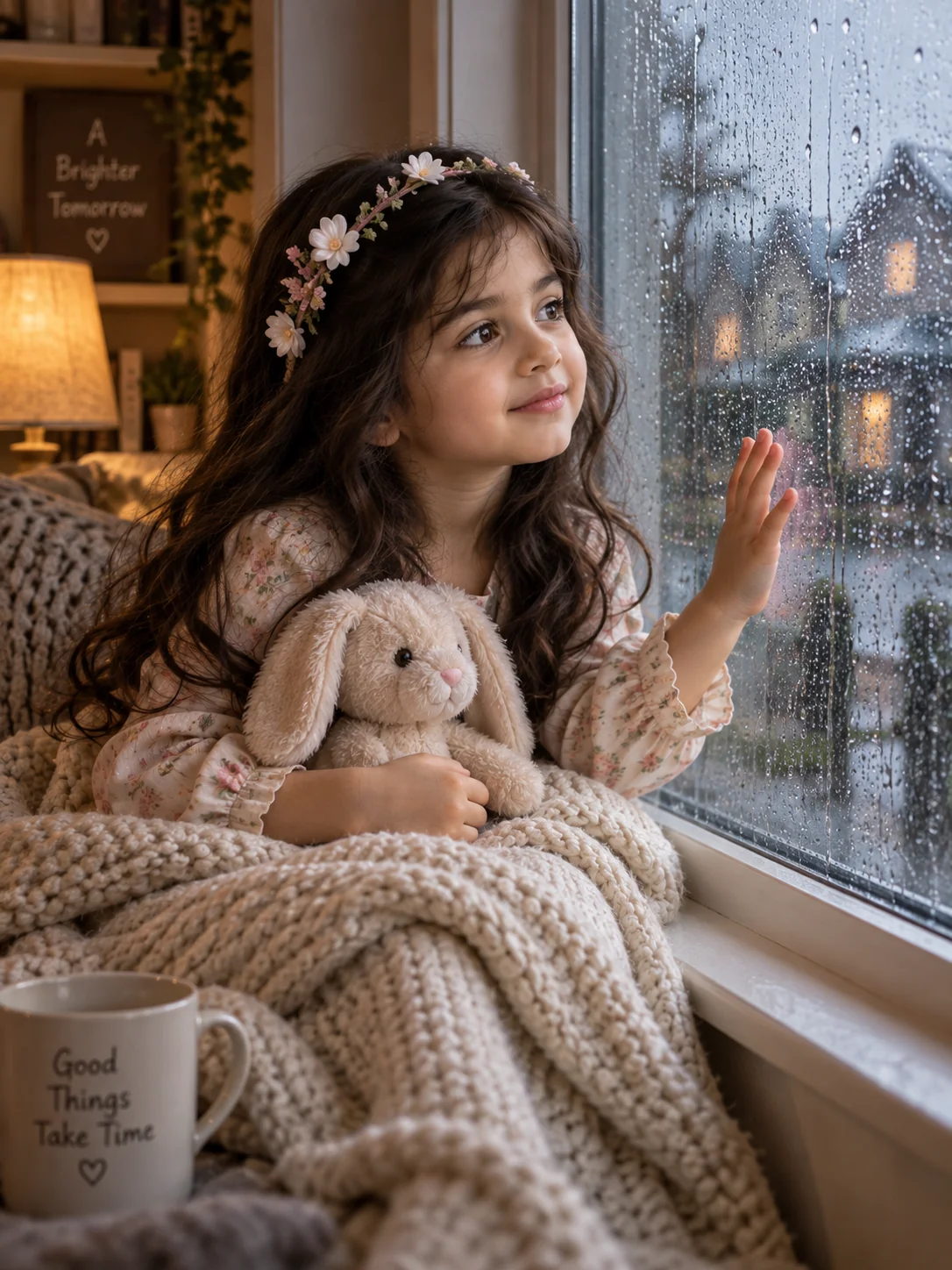 Cozy rainy day window portrait of a girl with knit blanket — AI image prompt for girls