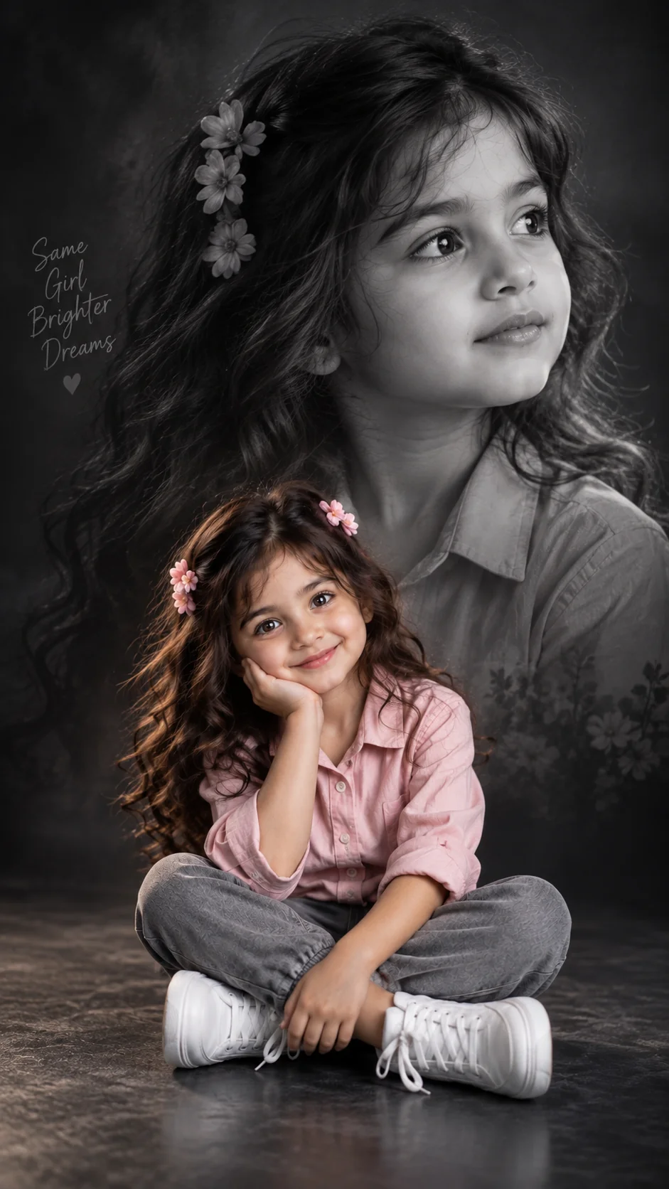 Double exposure artistic ghost portrait of a girl — colour foreground and black and white silhouette