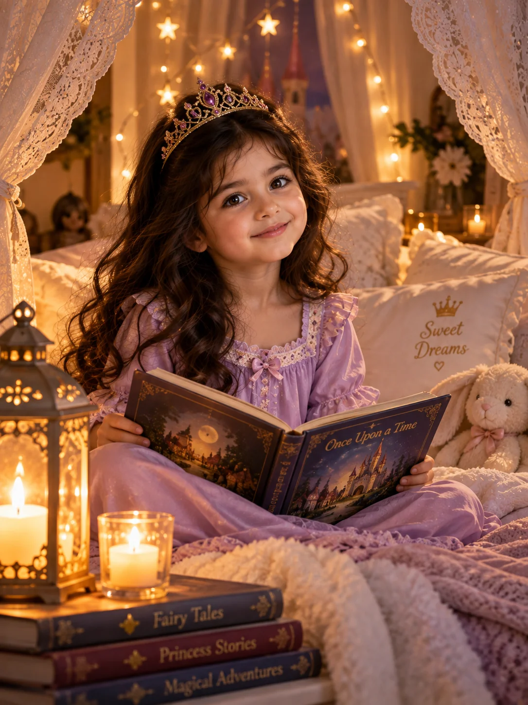 Princess bedtime story portrait with candlelight and fairy tale book — AI image prompt for girls