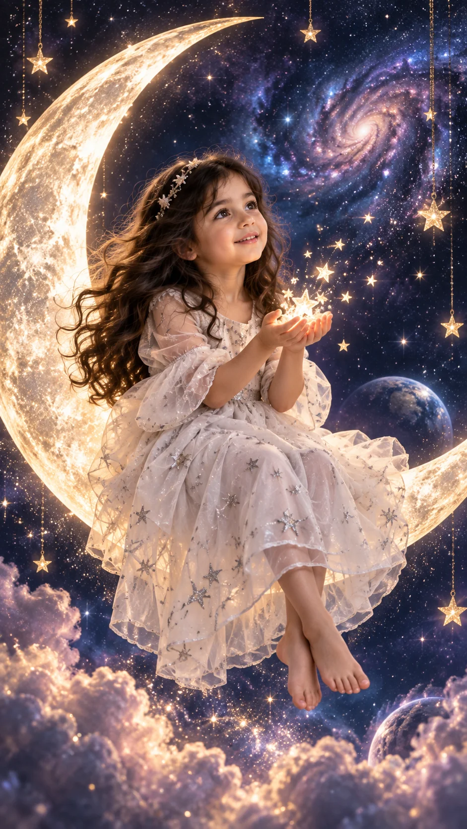 Starry night dreamcore girl portrait on crescent moon — AI image prompt for girls