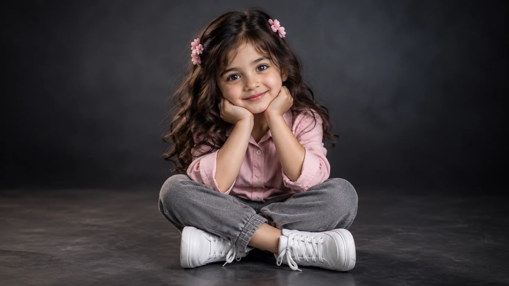 Studio sitting portrait of a cute girl in pink shirt with flower clips — AI image prompt