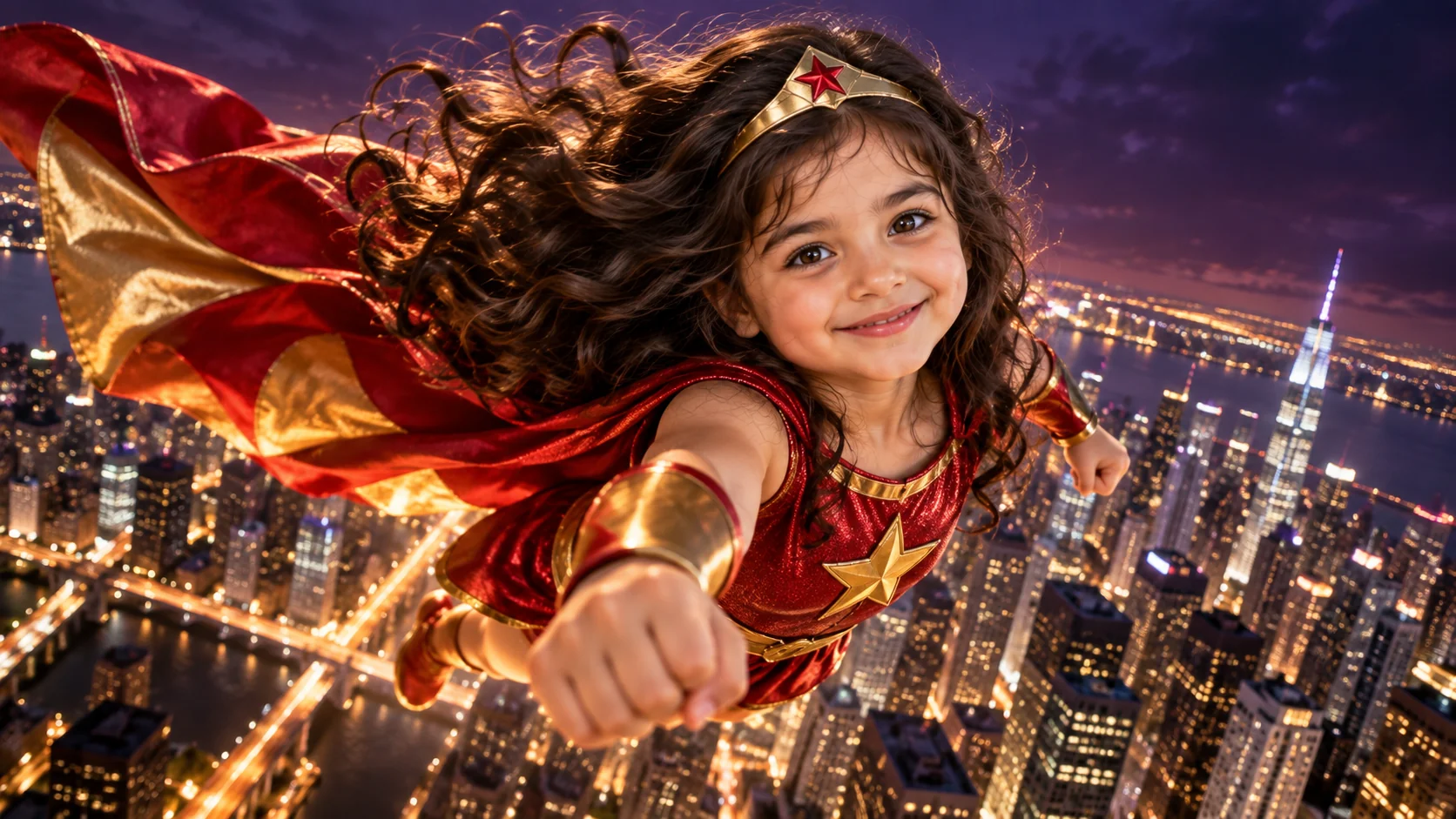 Superhero girl flying over city night sky with cape — AI image prompt
