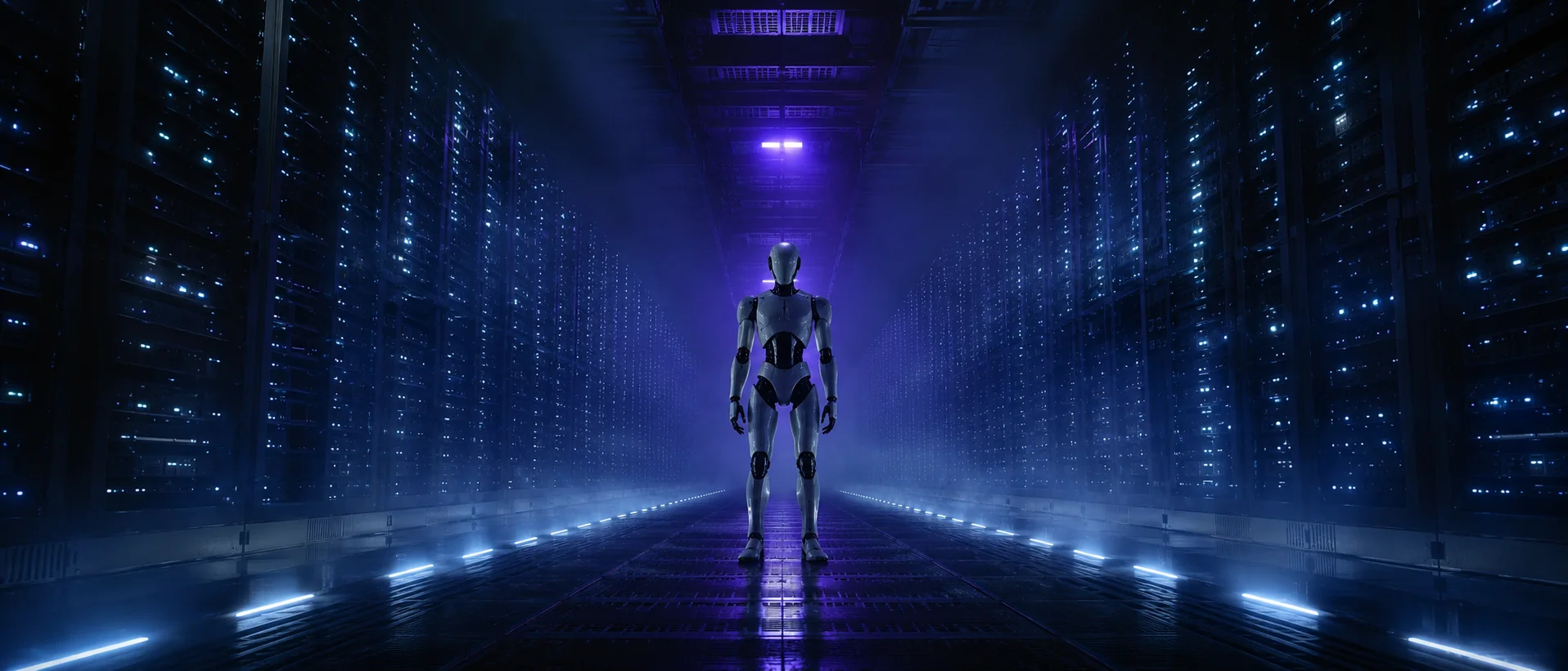 Cinematic sci-fi server room humanoid robot AI image prompt &mdash; blue neon data centre portrait photorealistic