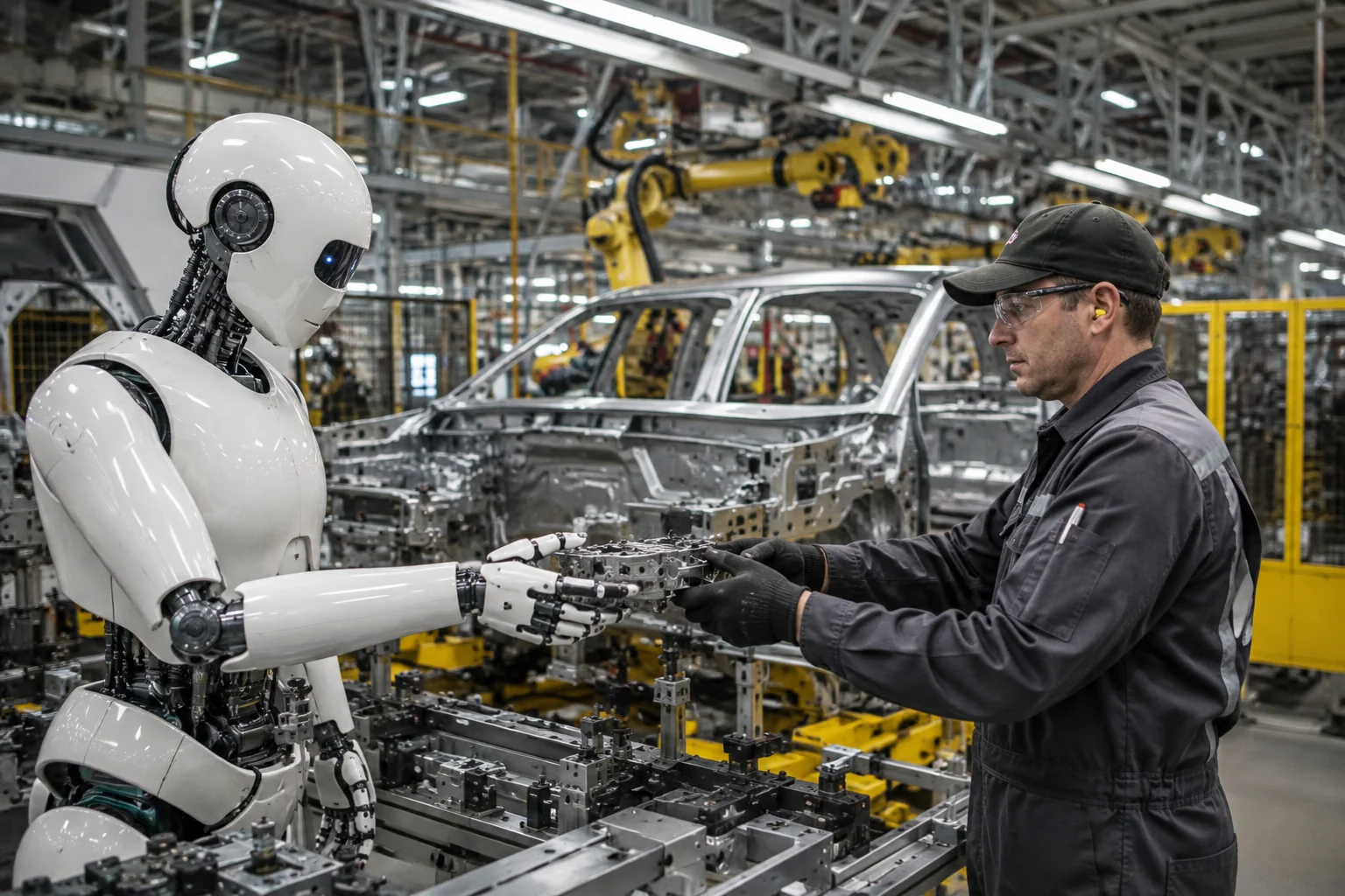 Human-robot factory collaboration AI image prompt for humanoid robot photography &mdash; realistic industrial documentary scene