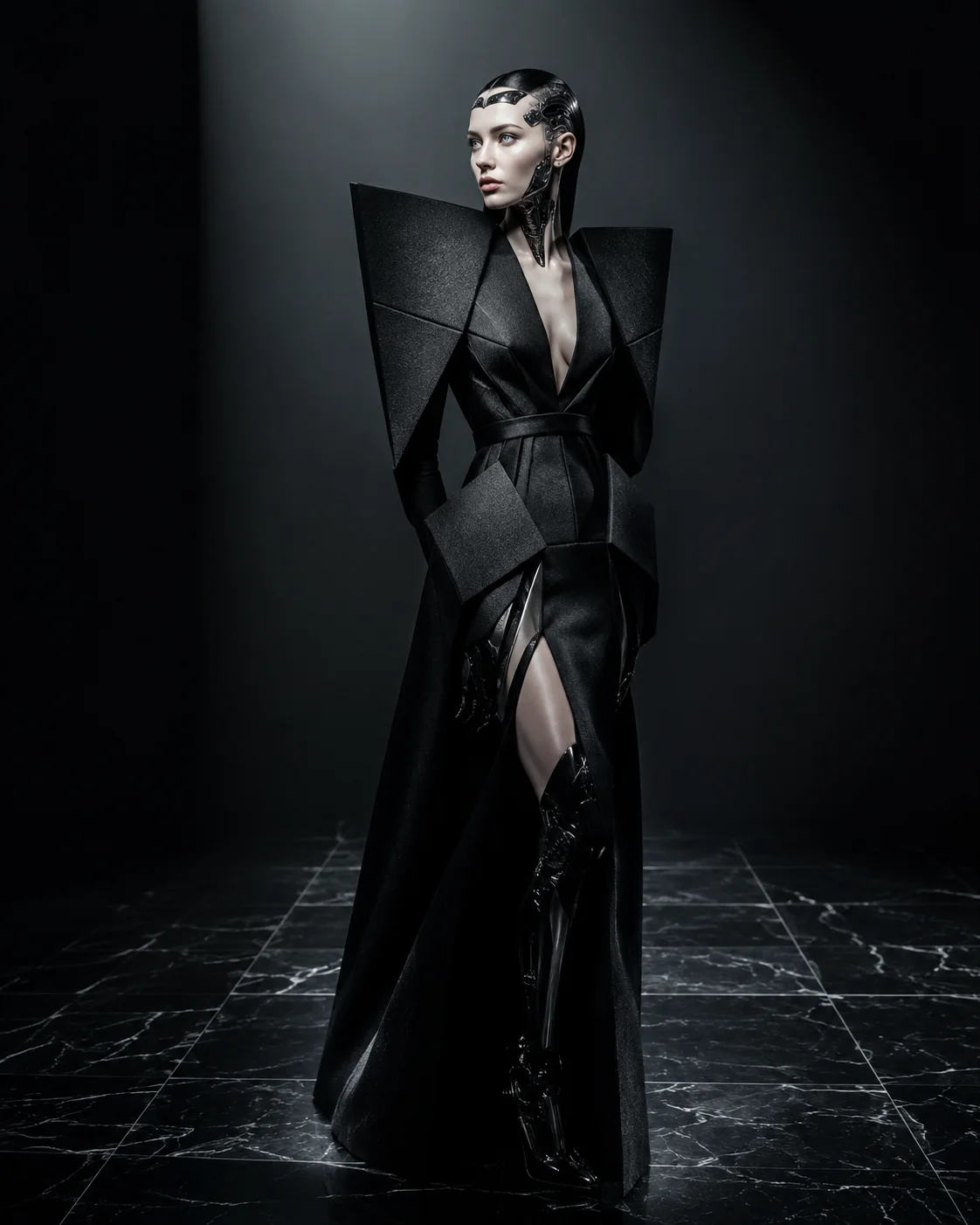 High fashion editorial humanoid robot AI image prompt for robot photography &mdash; Vogue-style android portrait with designer clothing