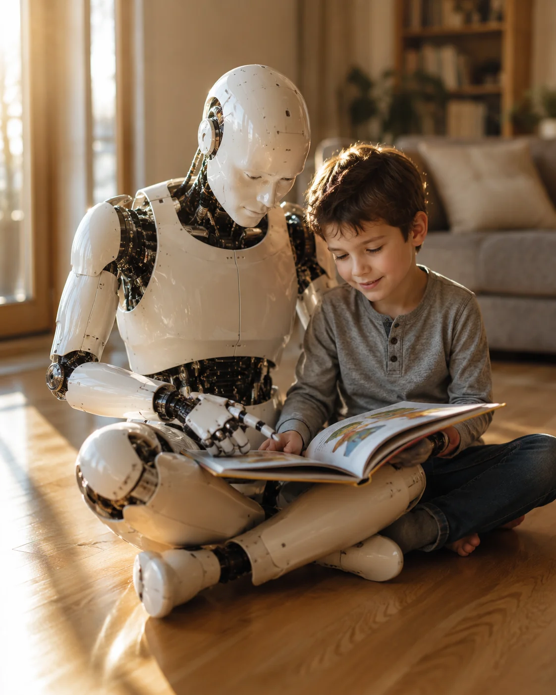 Human connection portrait AI image prompt for humanoid robot photography &mdash; robot and child reading together emotional scene