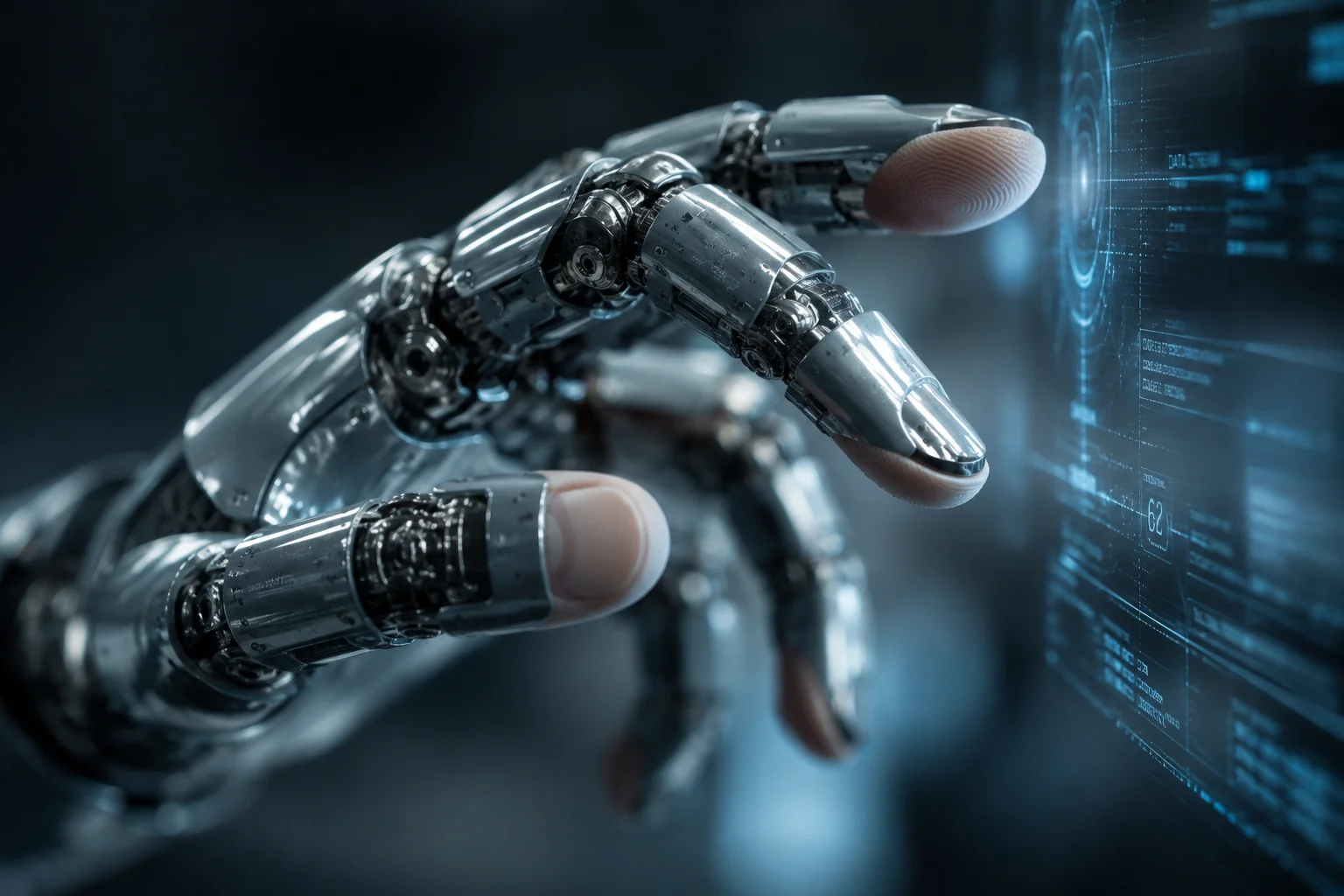 Mechanical hand macro close-up AI image prompt for humanoid robot photography &mdash; intricate titanium finger joint detail