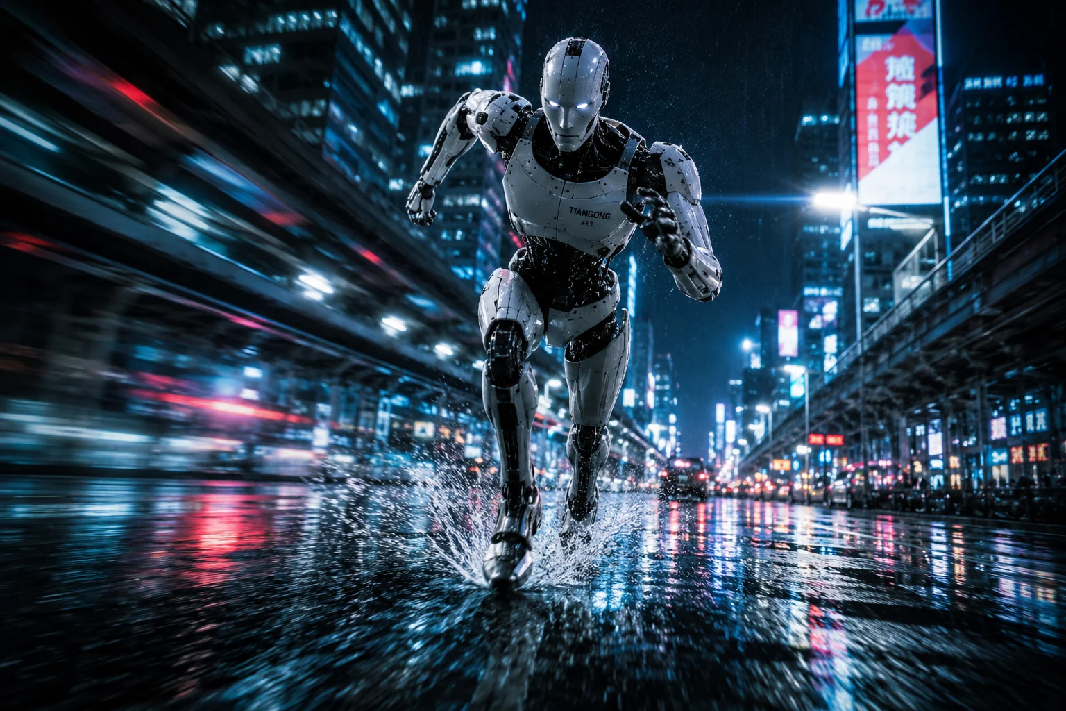 Night city speed sprint humanoid robot AI image prompt for robot photography &mdash; dynamic action shot with motion blur
