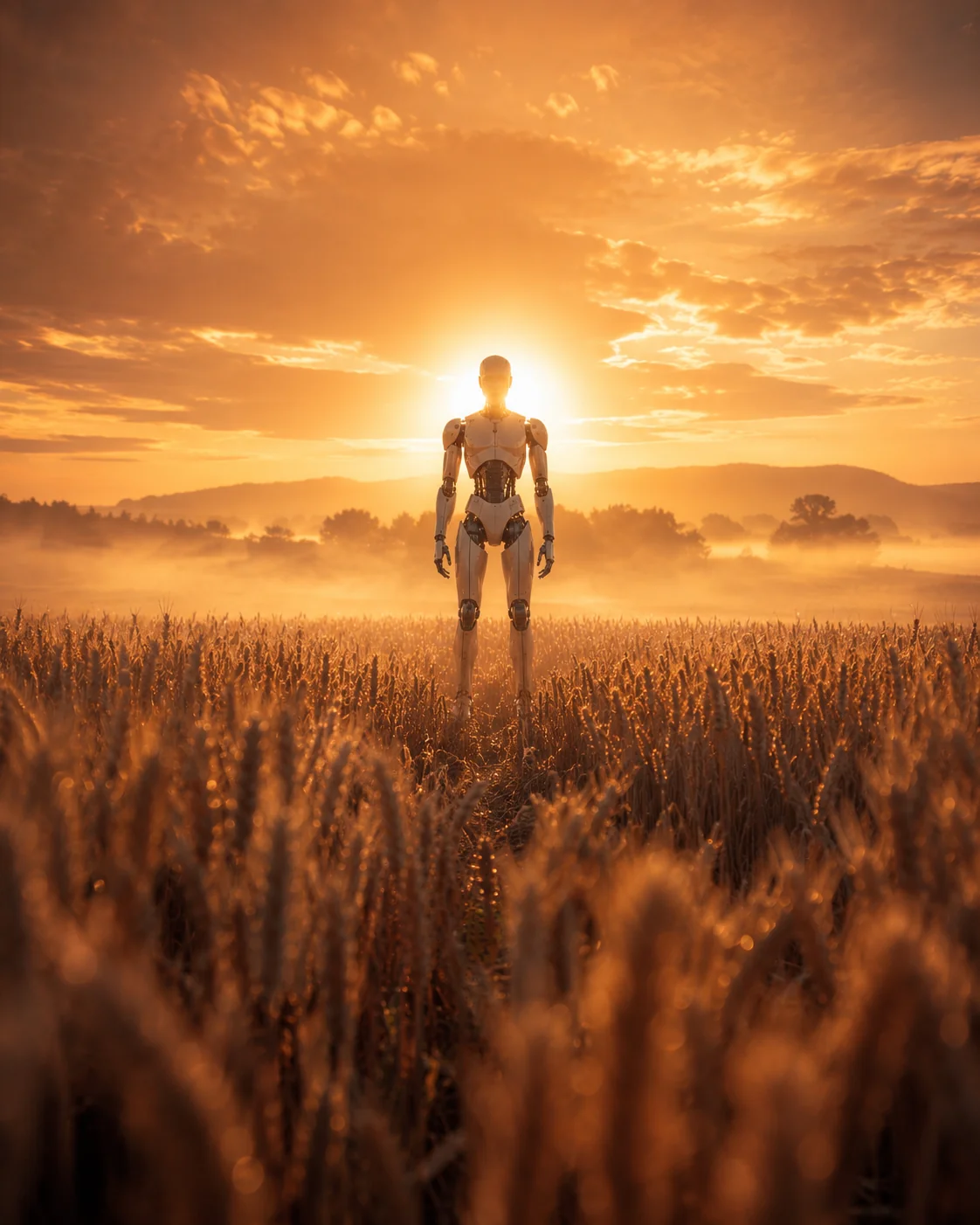 Solitary robot in open nature sunrise field AI image prompt for humanoid robot photography &mdash; epic cinematic landscape portrait