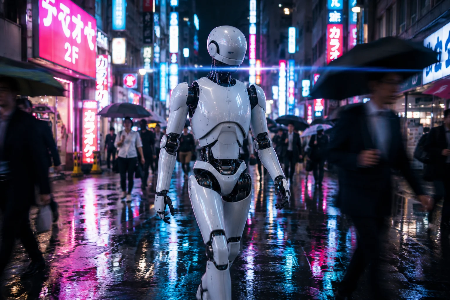 Urban night street photography AI image prompt for humanoid robot photography &mdash; cinematic neon city android scene