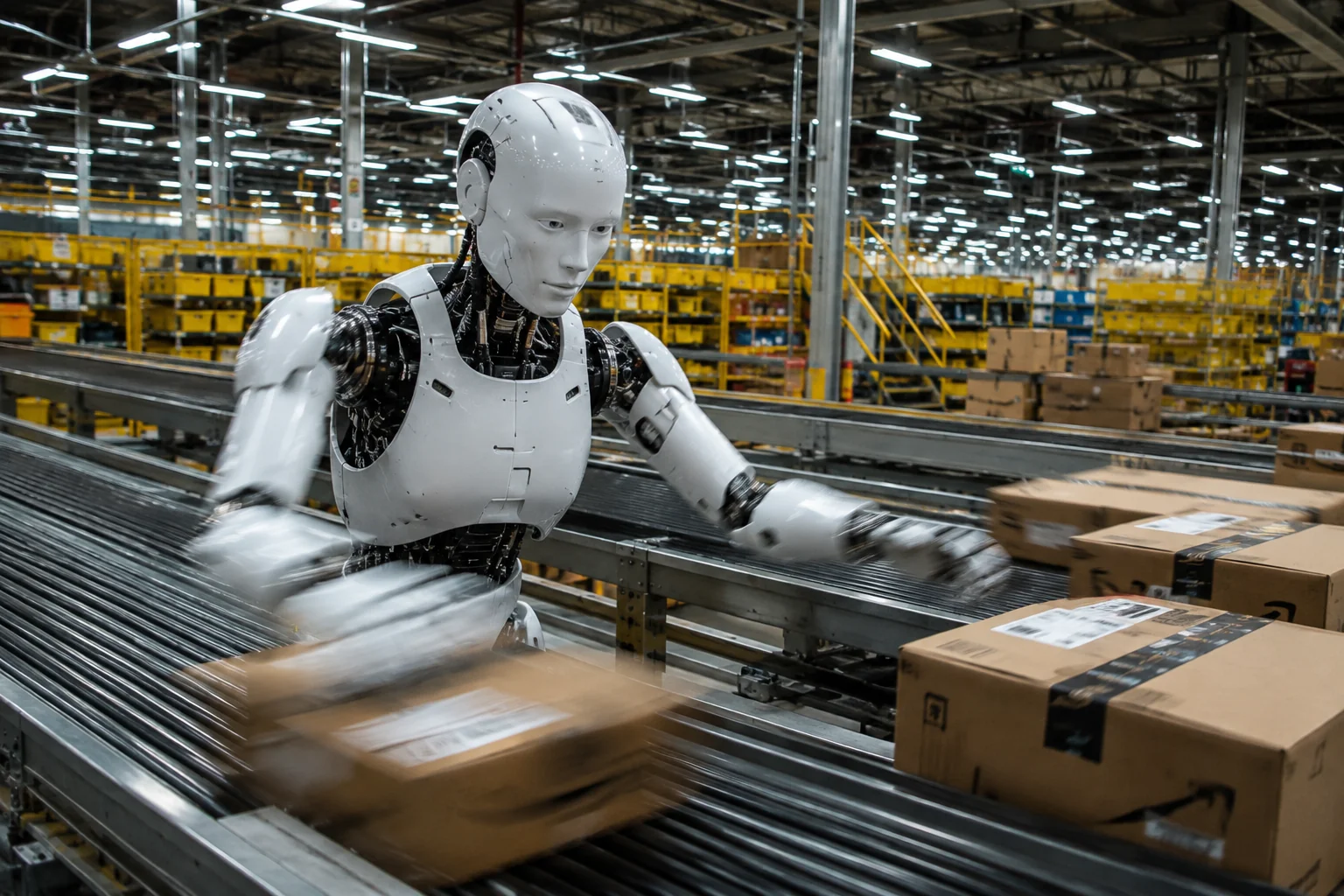 Warehouse logistics humanoid robot AI image prompt for robot photography &mdash; documentary industrial portrait