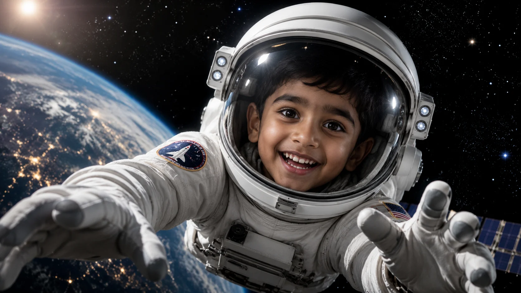 Young astronaut in space AI image prompt for kids — 4K adventure portrait