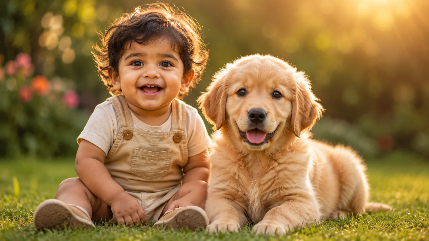 Cute baby with puppy AI image prompt for kids — adorable 4K portrait