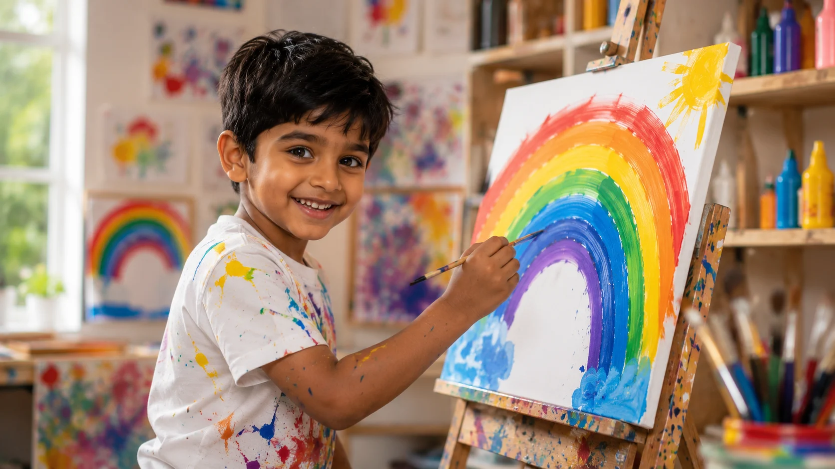 Creative kid painting on easel AI image prompt for kids