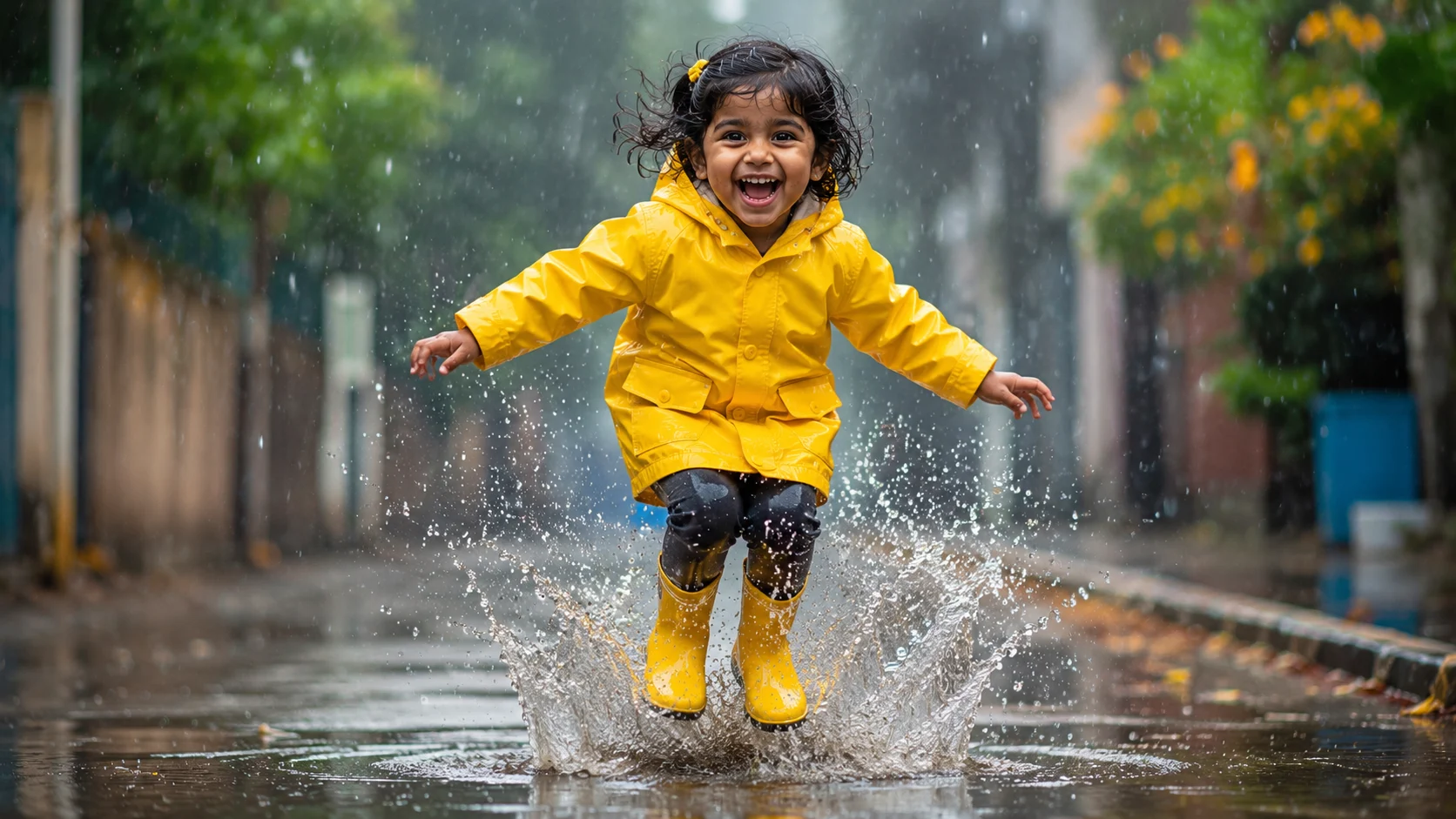 Rainy day puddle jumping AI image prompt for kids — playful portrait