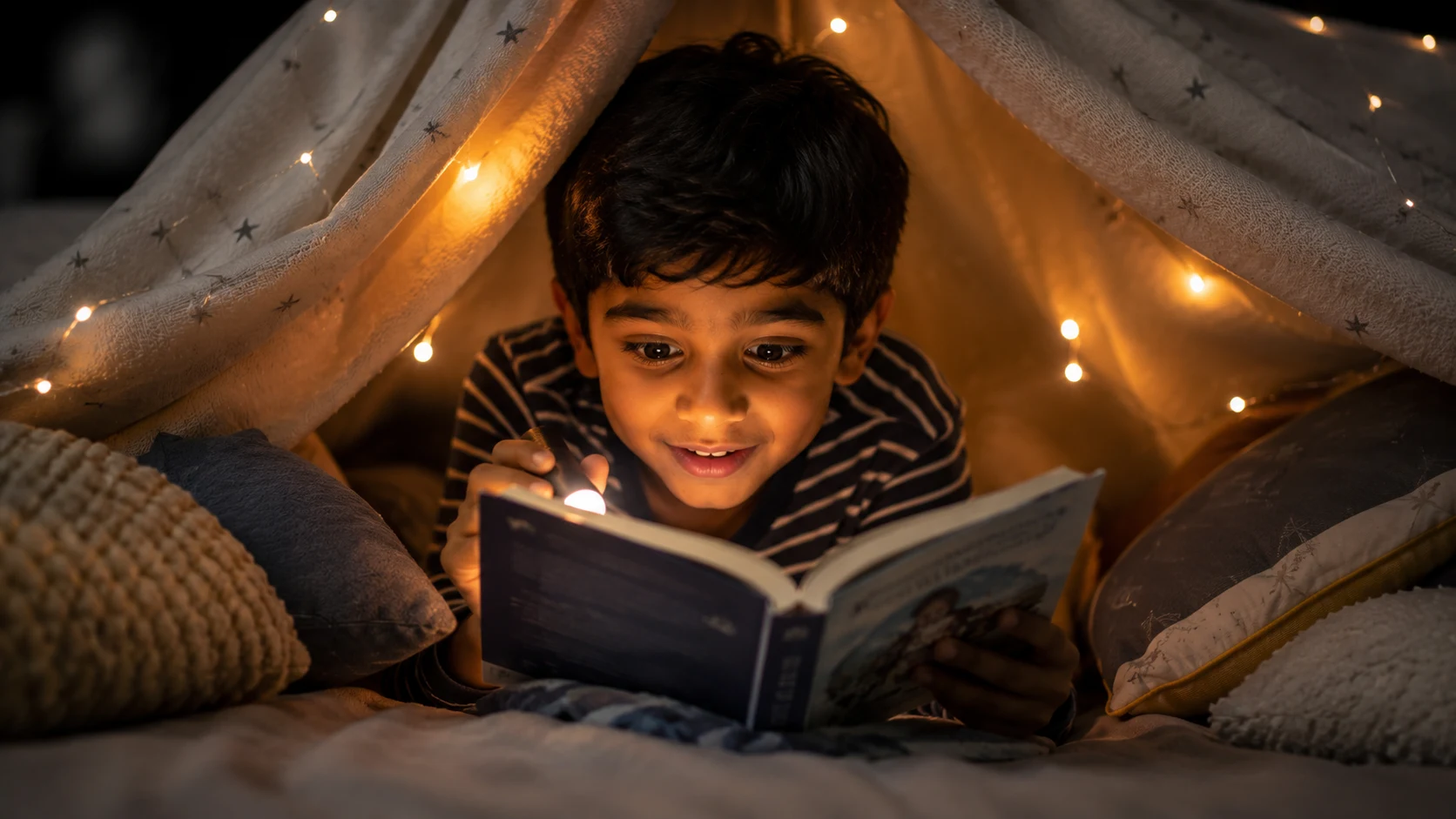 Cozy kid reading under blanket fort AI image prompt for kids