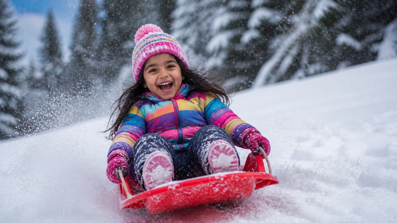 Snow day sledding AI image prompt for kids — 4K winter portrait