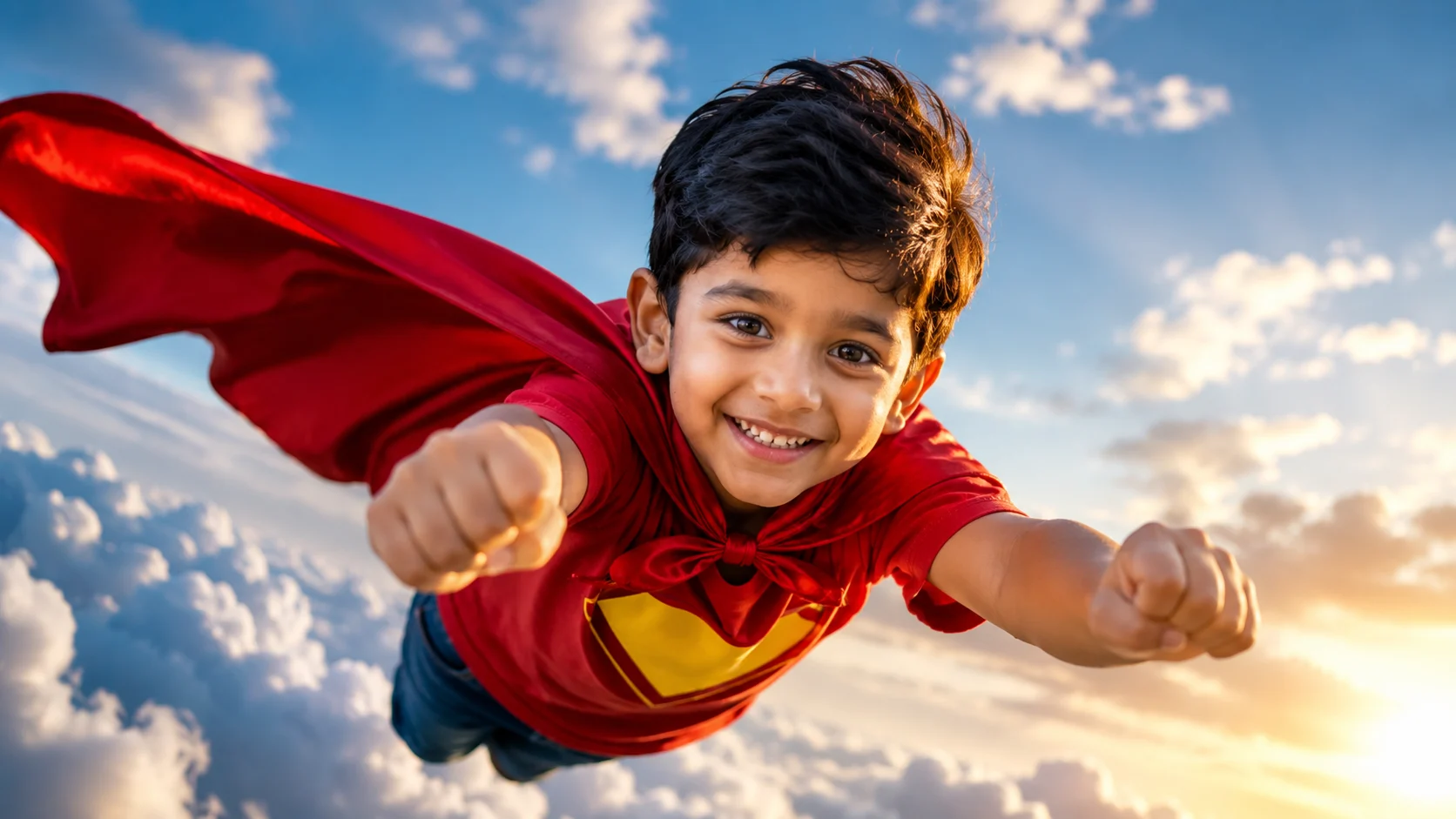 Little superhero flying AI image prompt for kids — 4K action portrait