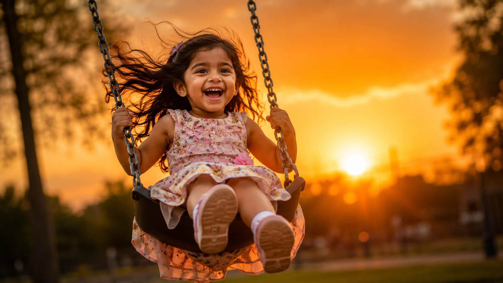 Swinging at sunset park AI image prompt for kids — golden hour portrait