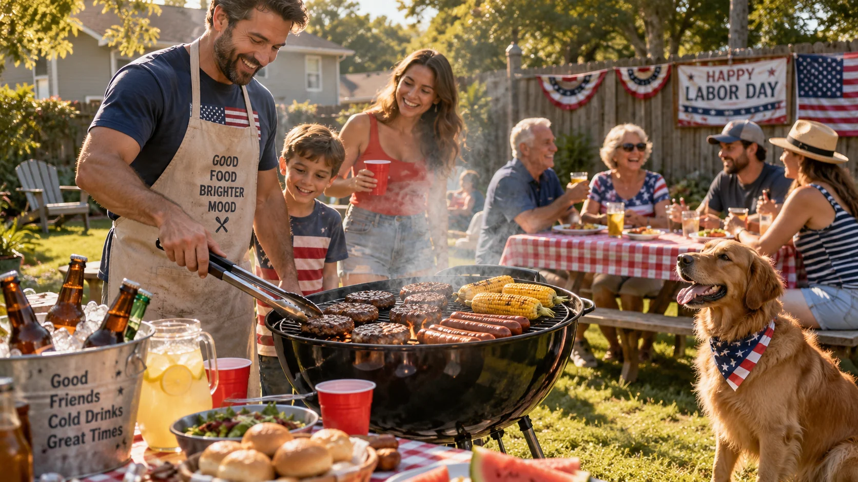 American backyard BBQ cookout AI image prompt for Labor Day photography — 4K family celebration