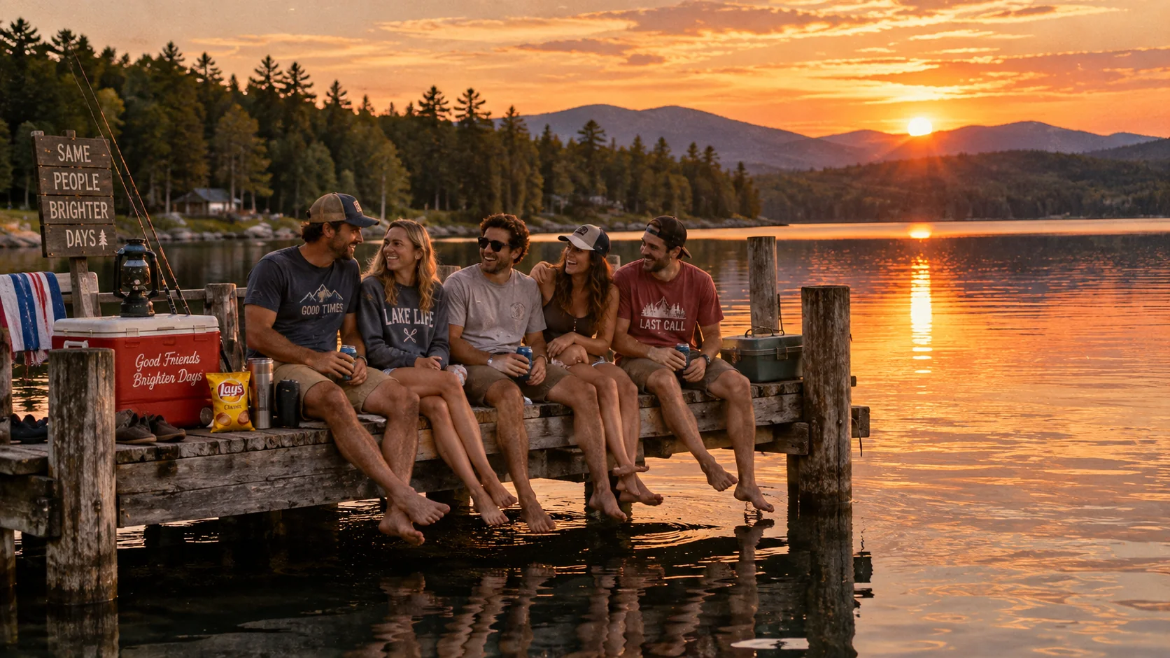 Friends at the lake summer farewell Labor Day AI image prompt — cinematic golden hour photography