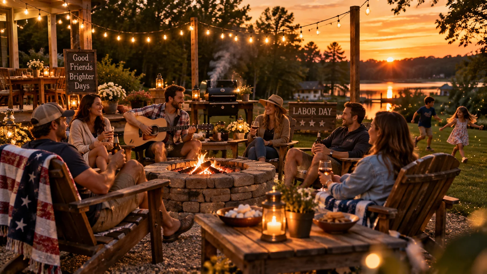 Golden hour backyard gathering Labor Day AI image prompt — warm summer evening 4K photography