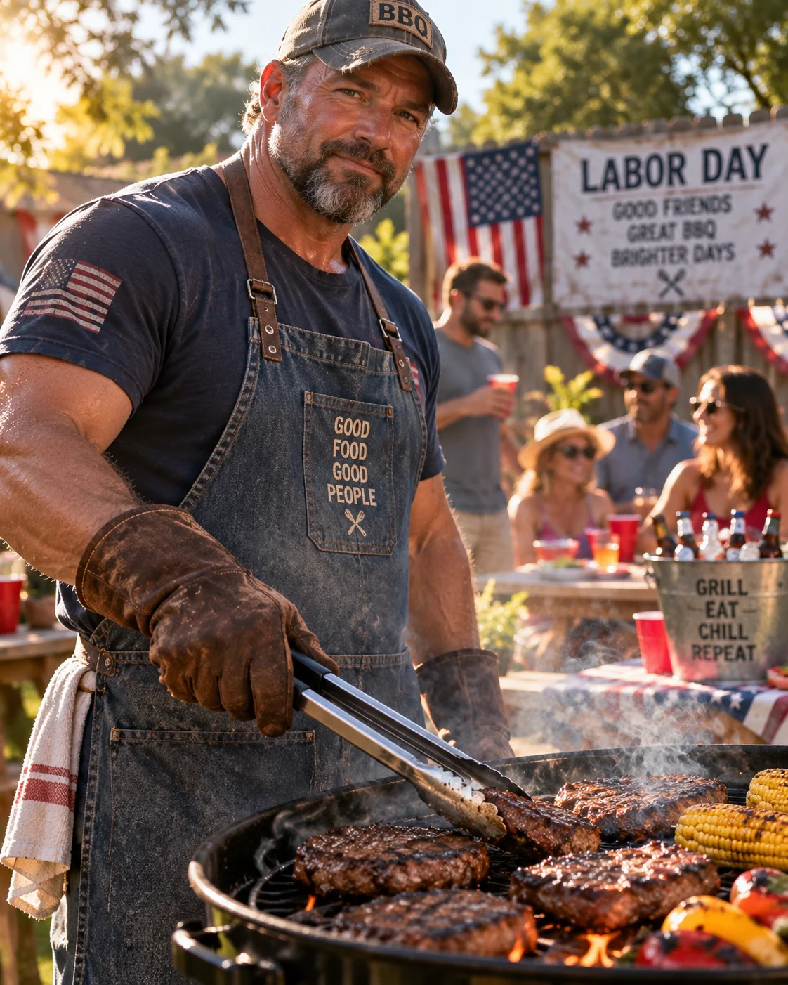 Grill master close-up portrait AI image prompt — Labor Day BBQ photography 4K realistic