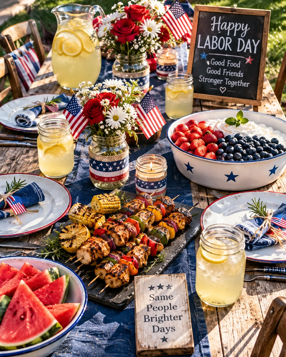Patriotic Labor Day tablescape AI image prompt — red white and blue outdoor table decor 4K