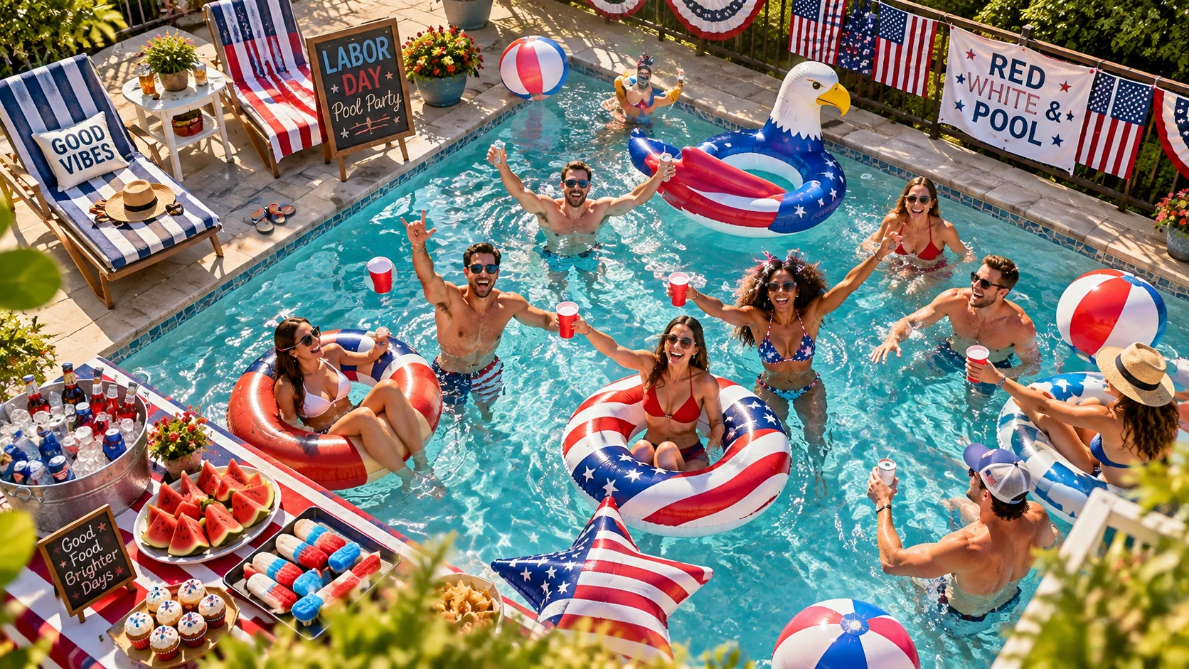 Patriotic pool party Labor Day AI image prompt — 4K summer celebration with American flag decor