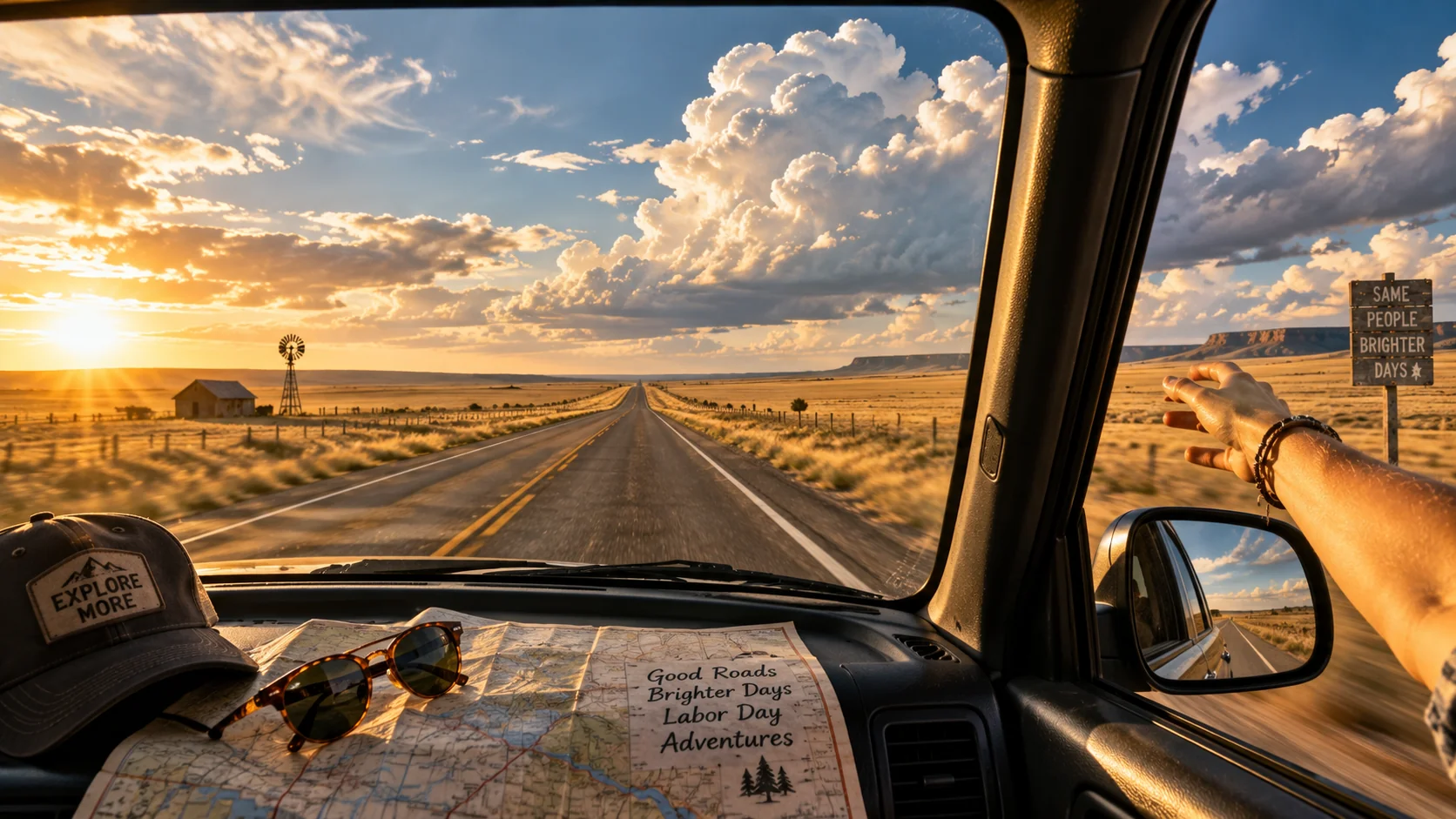 Road trip open America Labor Day AI image prompt — cinematic highway landscape 4K