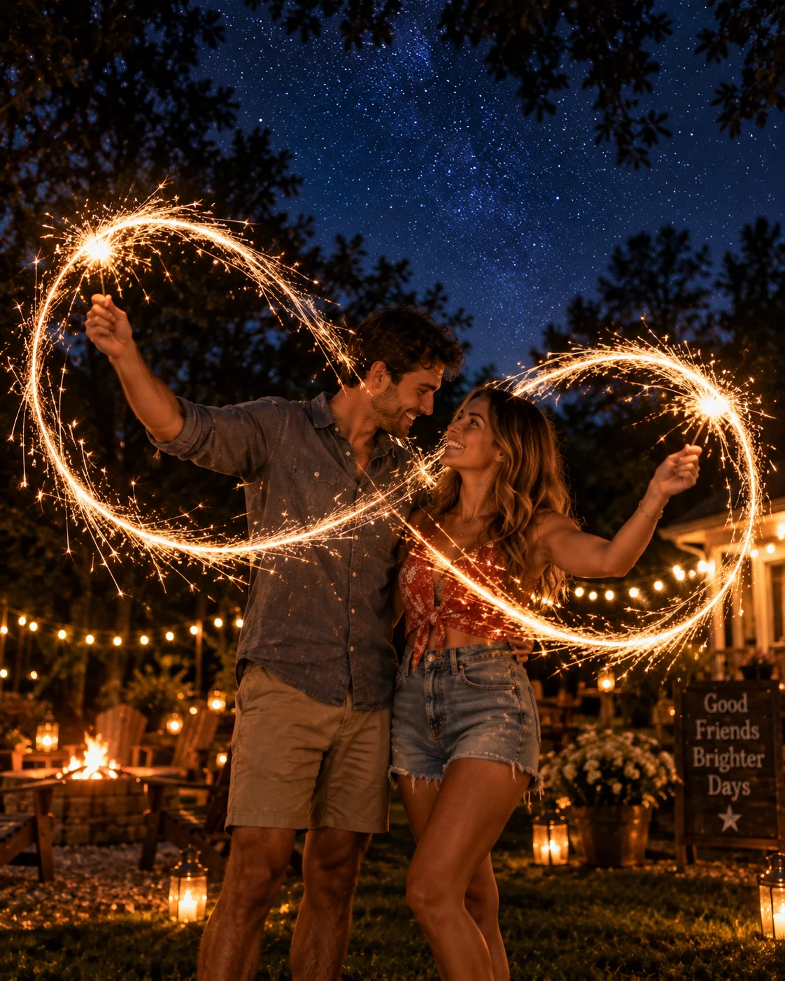Sparklers and night sky Labor Day celebration AI image prompt — 4K nighttime photography
